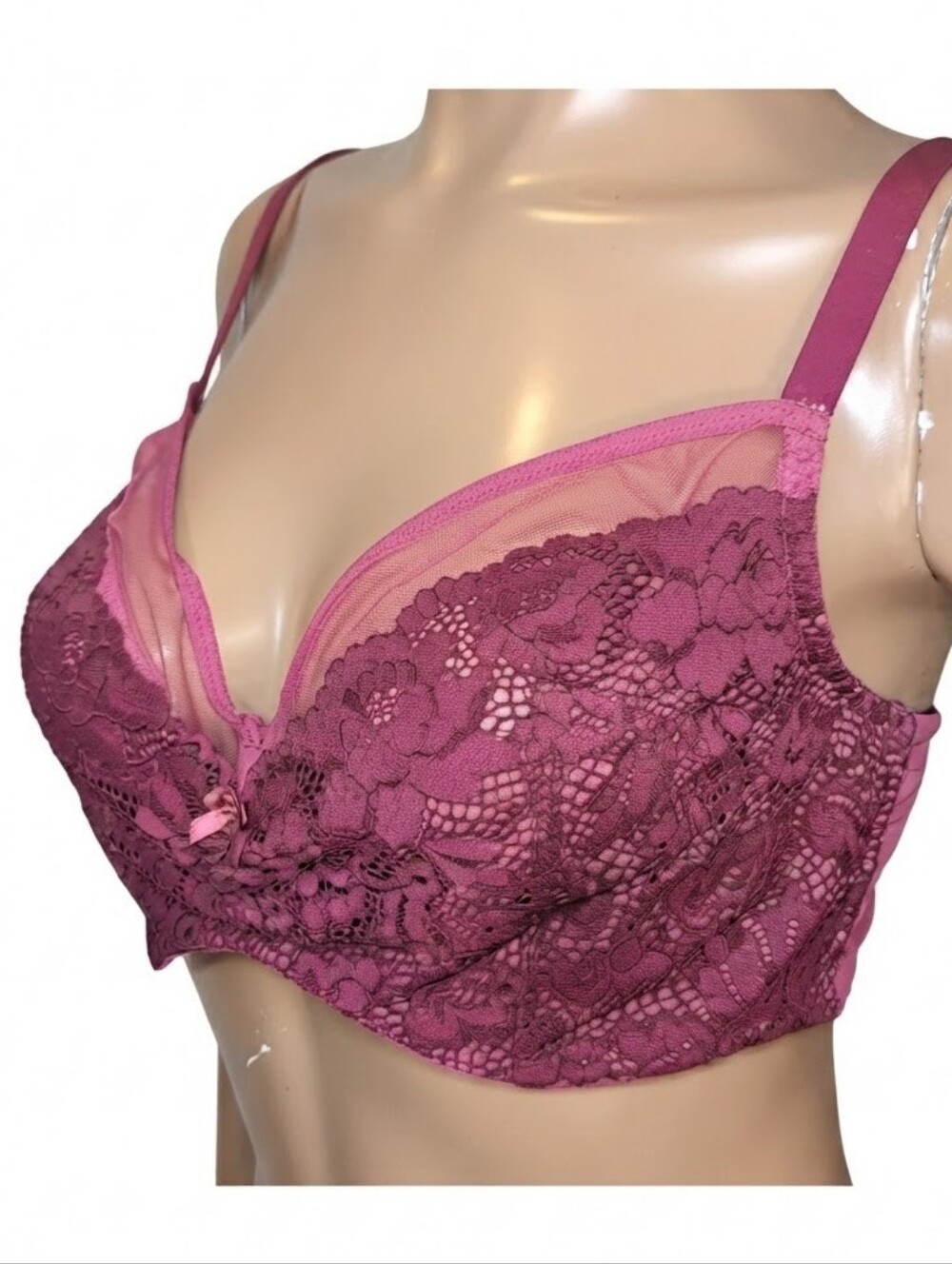 Torrid Curve Unlined Demi Bra Size 42D Lace Mesh Topper Underwire Magenta Pink